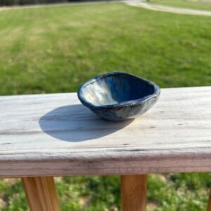 Pottery Bowl Signed Blue Brown Earthy Small Trinket Dish Handmade Stoneware